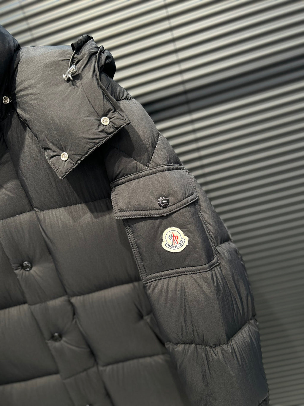 Moncler Quilted Charcoal Gray Hooded Longline Puffer Coat