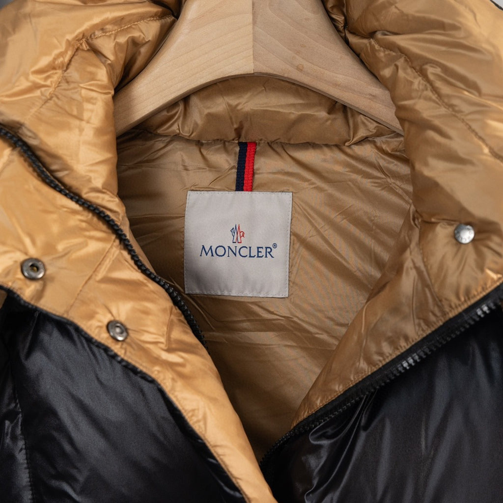 Moncler Glossy Black Hooded Puffer Jacket with Camel Lining