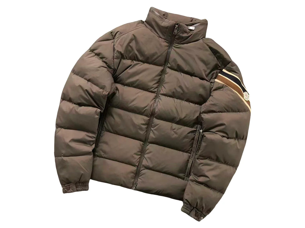 Moncler Brown Stand-Collar Puffer Jacket with Striped Sleeve