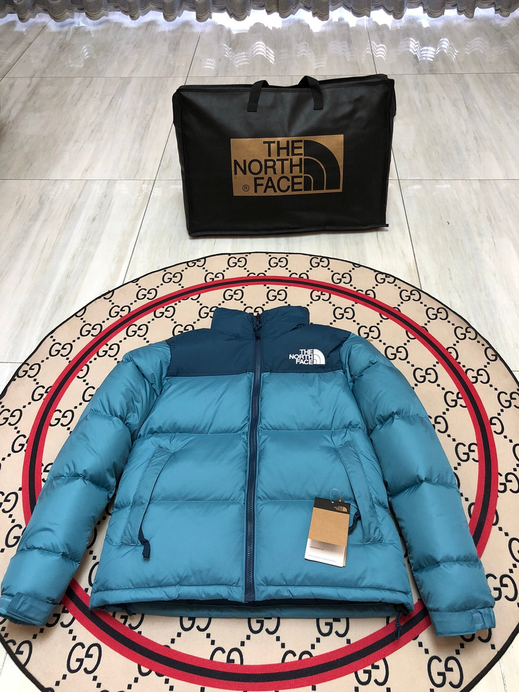 The North Face Quilted Teal Blue and Navy Stand-Collar Puffer Jacket