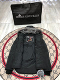 Moose Knuckles Quilted Black Hooded Parka with Gray Trim