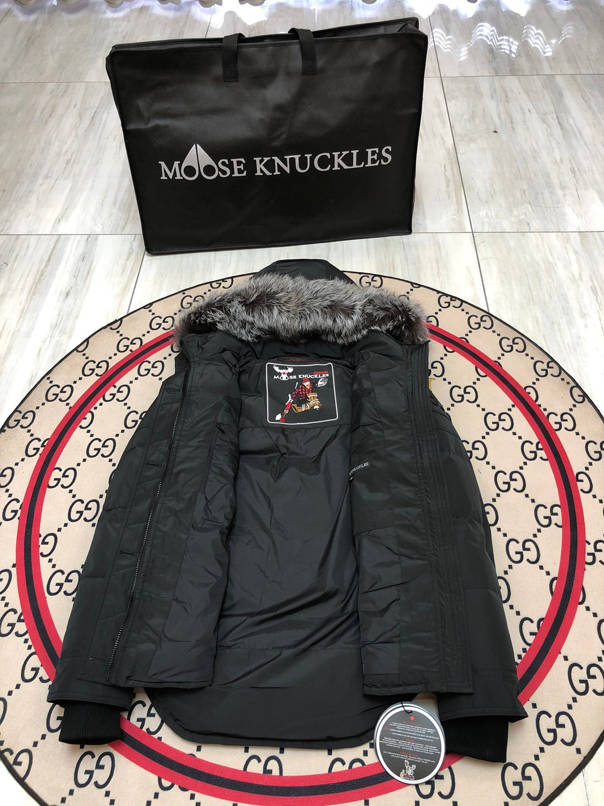 Moose Knuckles Quilted Black Hooded Parka with Gray Trim