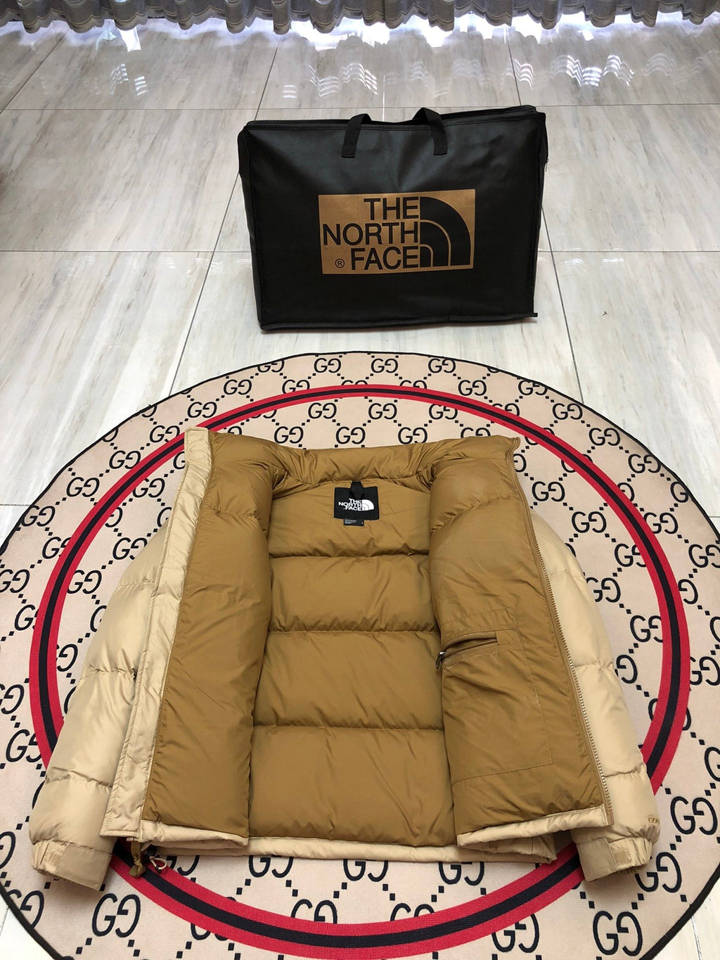 The North Face Quilted Sand Beige and Tan Stand-Collar Puffer Jacket