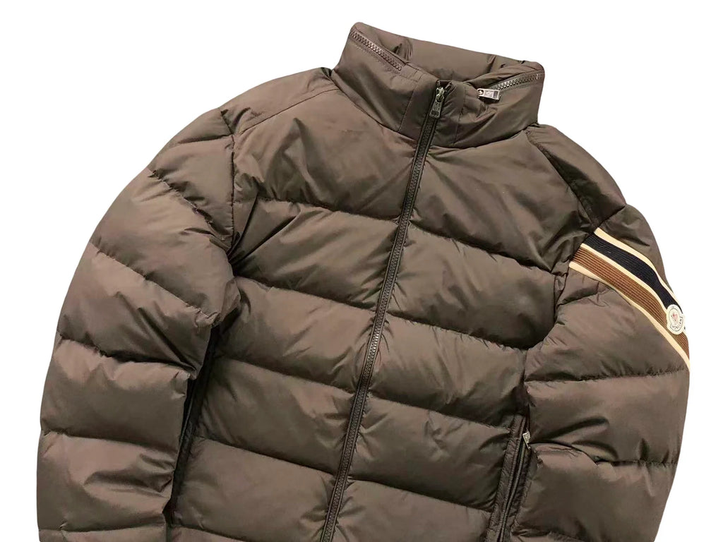 Moncler Brown Stand-Collar Puffer Jacket with Striped Sleeve