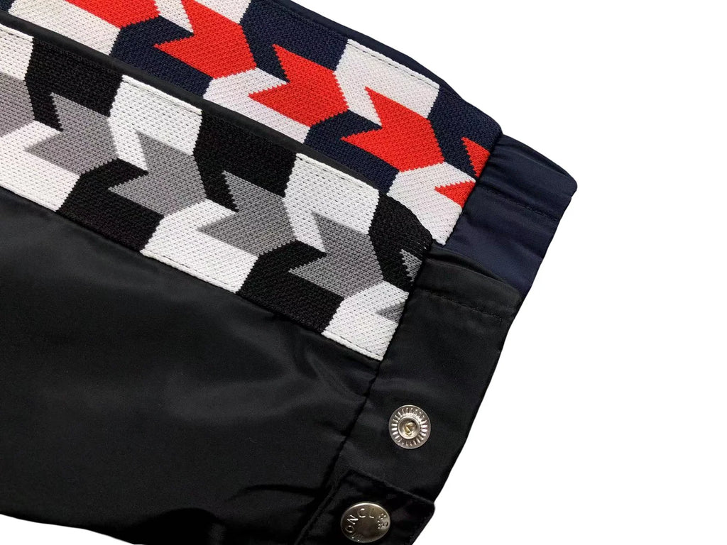 Moncler Black Hooded Zip-Front Jacket with Geometric Sleeve Trim
