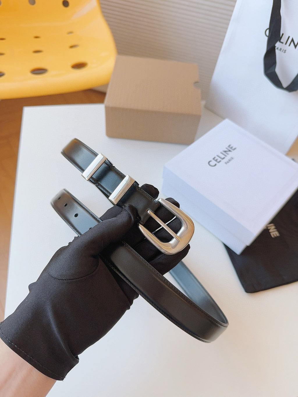 CELINE 25S SMALL 25MM WESTERN BELT IN BLACK CALFSKIN 566639