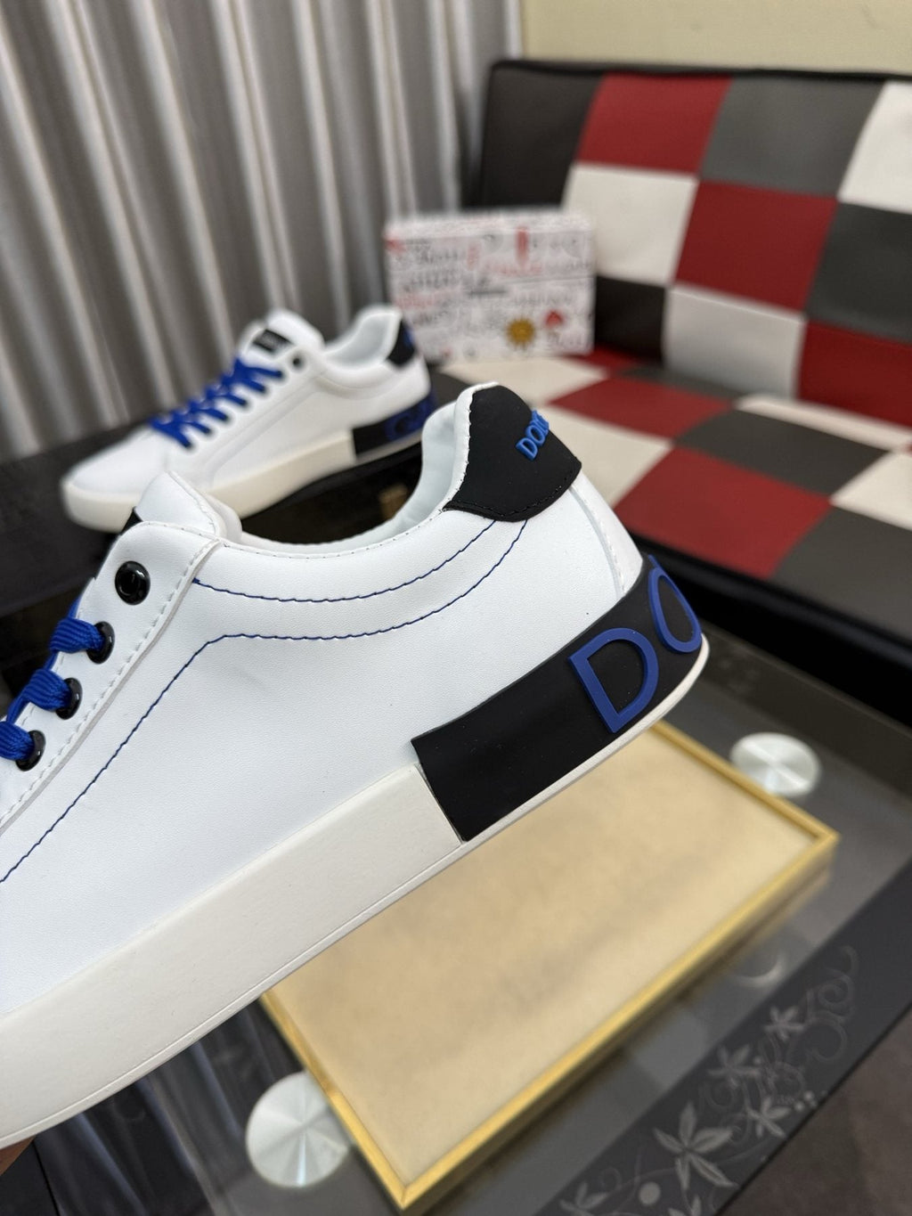 Dolce & Gabbana White Low-Top Sneakers with Blue Laces