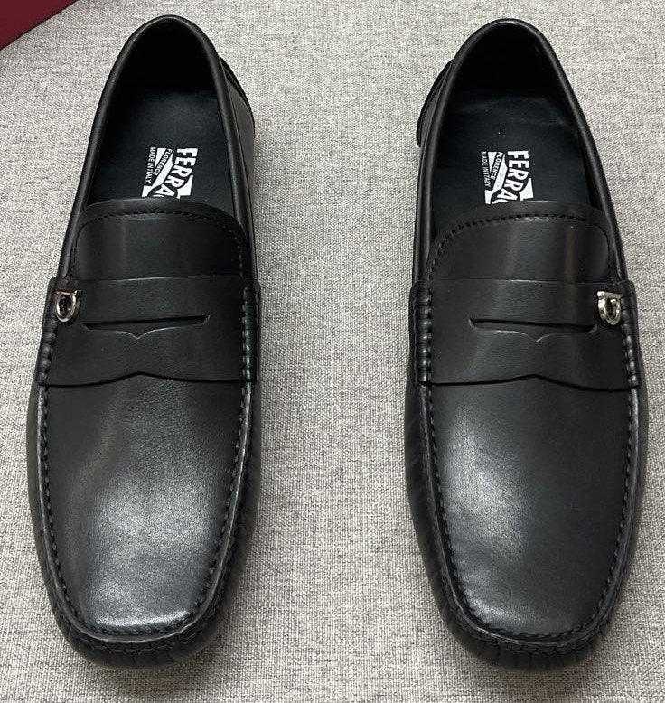 Ferragamo Men's Black Buckle Loafers - Metal Buckle Vamp Detail