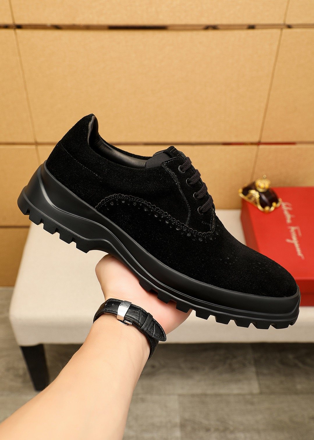 Ferragamo Men's Black Perforated Lace-Up Shoes