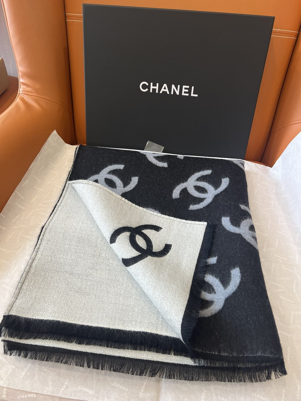 Chanel Reversible Black & Ivory Motif Shawl