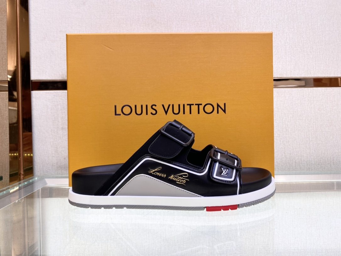 Louis Vuitton Black Two-Strap Slide Sandals
