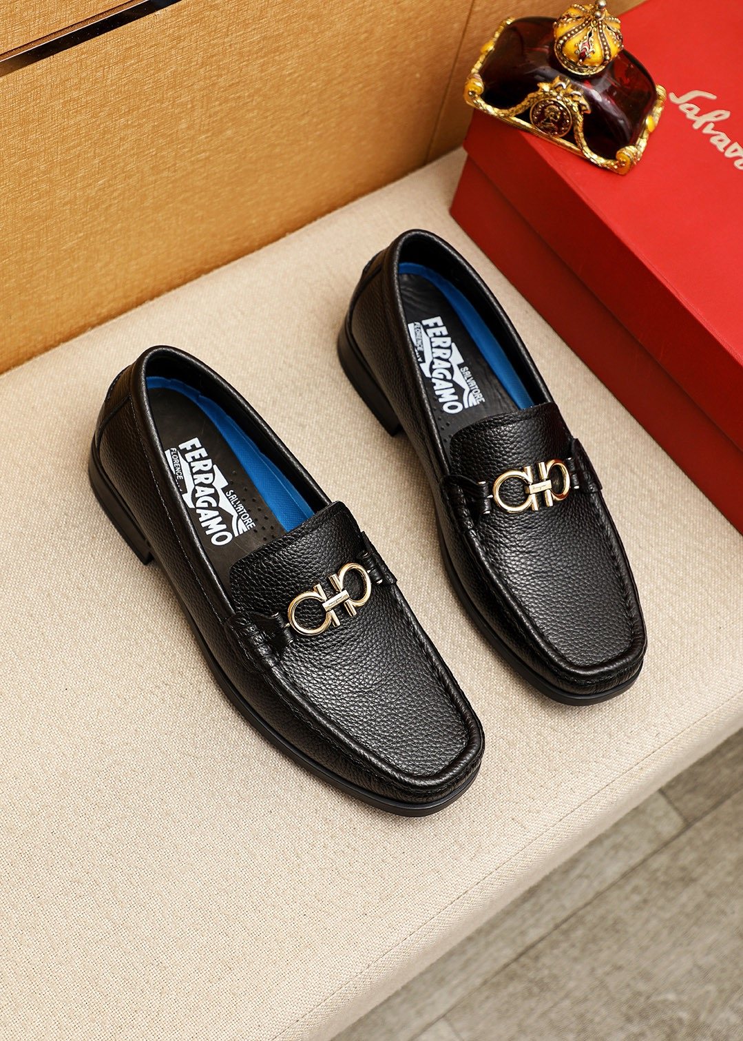 Ferragamo Black Textured Leather Loafers - Gold-Tone Hardware