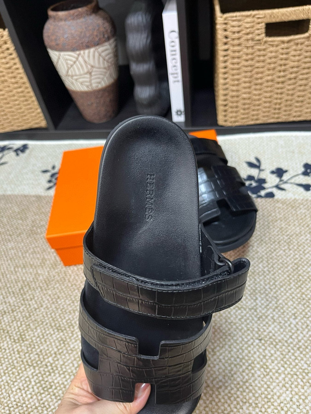 Hermes Men's Kazimir Black Slide Sandals