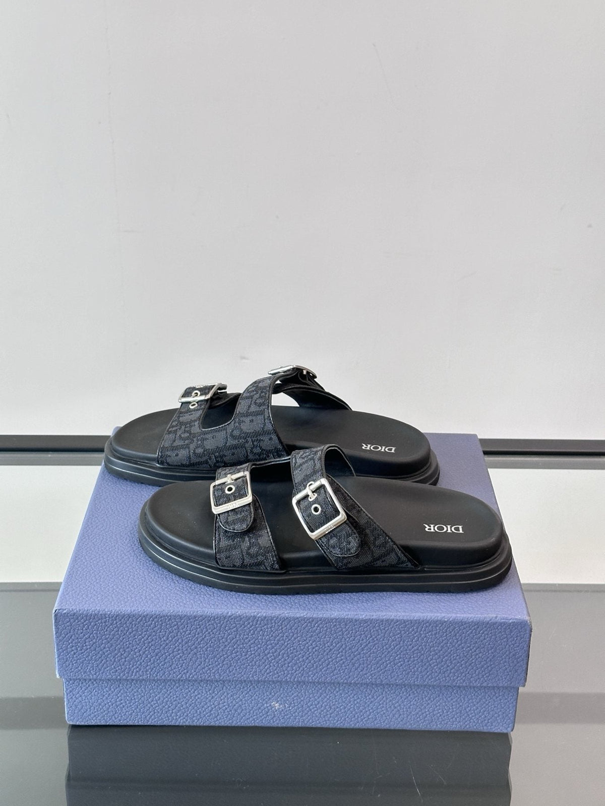 Dior Men's Buckle Strap Slide Sandals - Black and Charcoal Gray
