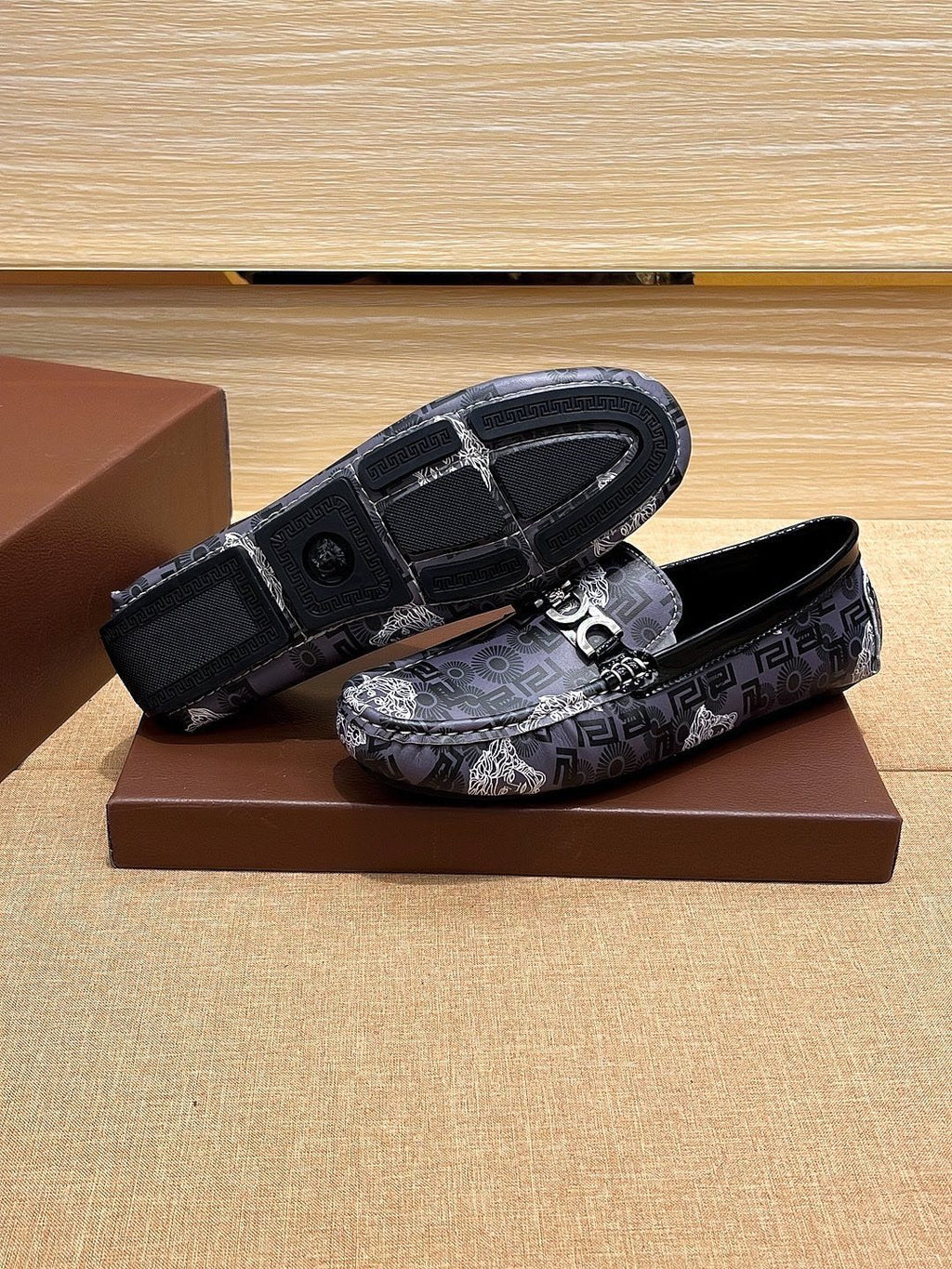 Versace Black and Gray Patterned Loafers
