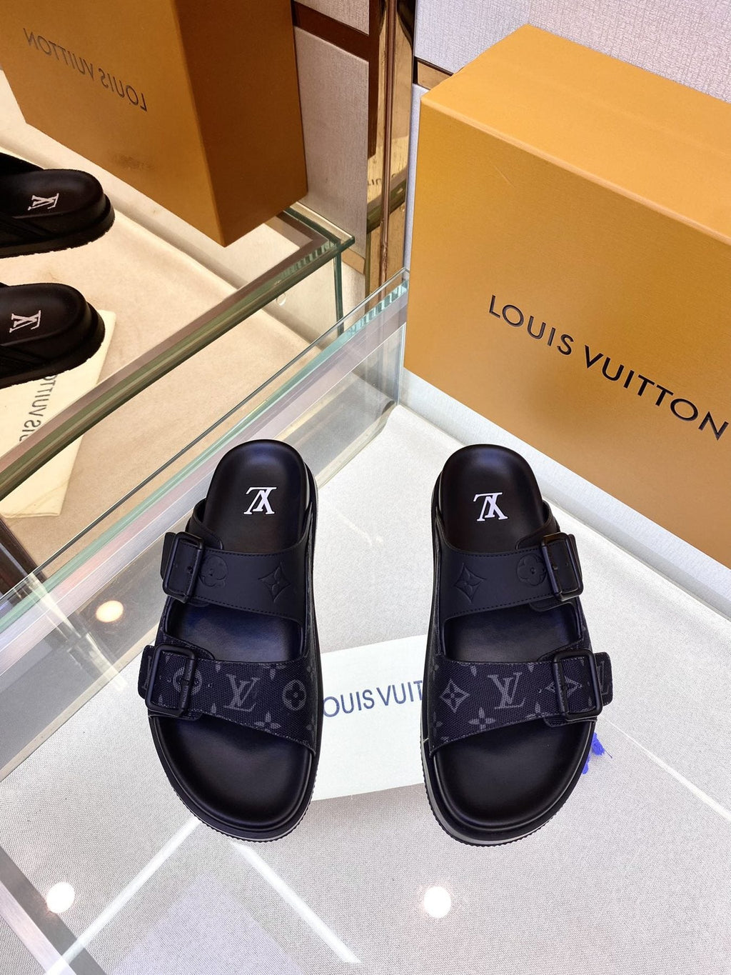 Louis Vuitton Monogram Buckle Slide Sandals - Fine-Textured Rubber Outsole