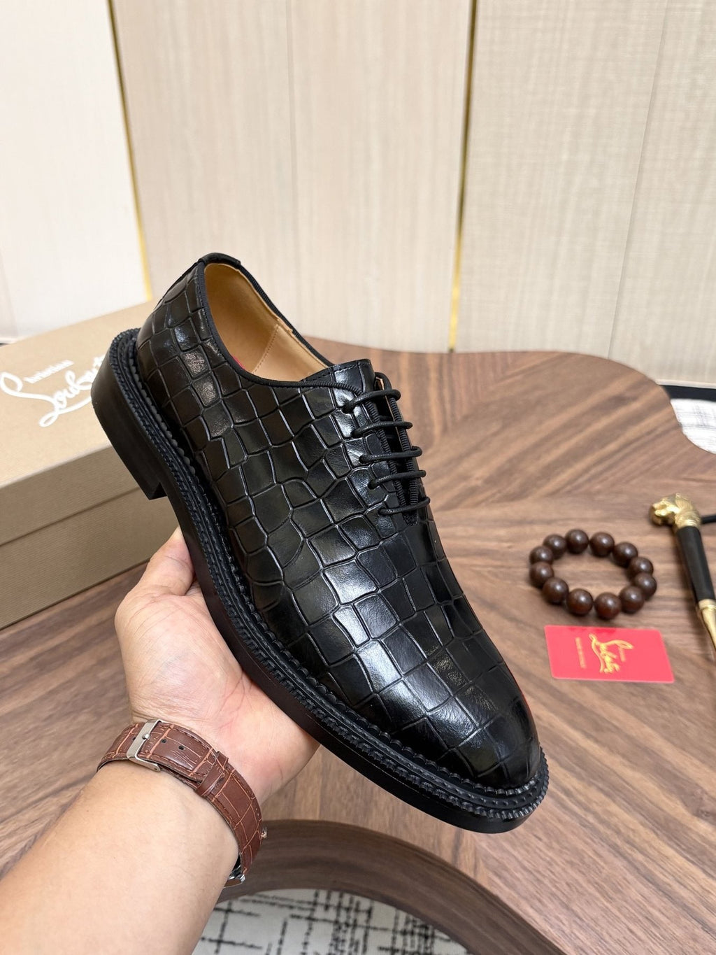 Christian Louboutin Black Embossed Lace-Up Dress Shoes