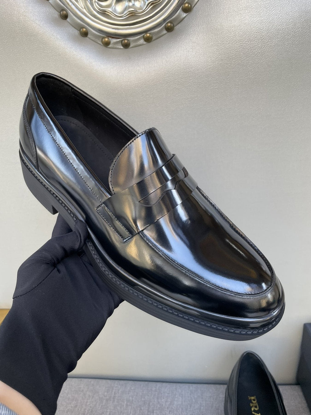 Prada Black Glossy Strap Loafers