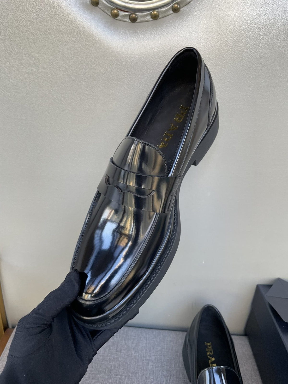 Prada Black Glossy Strap Loafers
