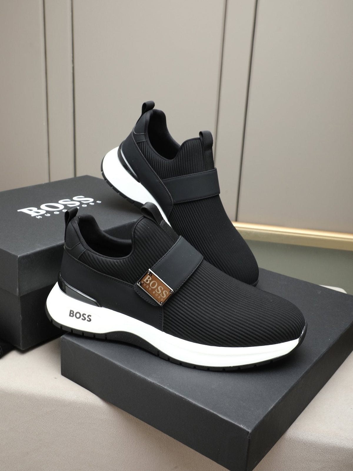 Hugo Boss Ribbed Knit Strap Slip-On Shoes