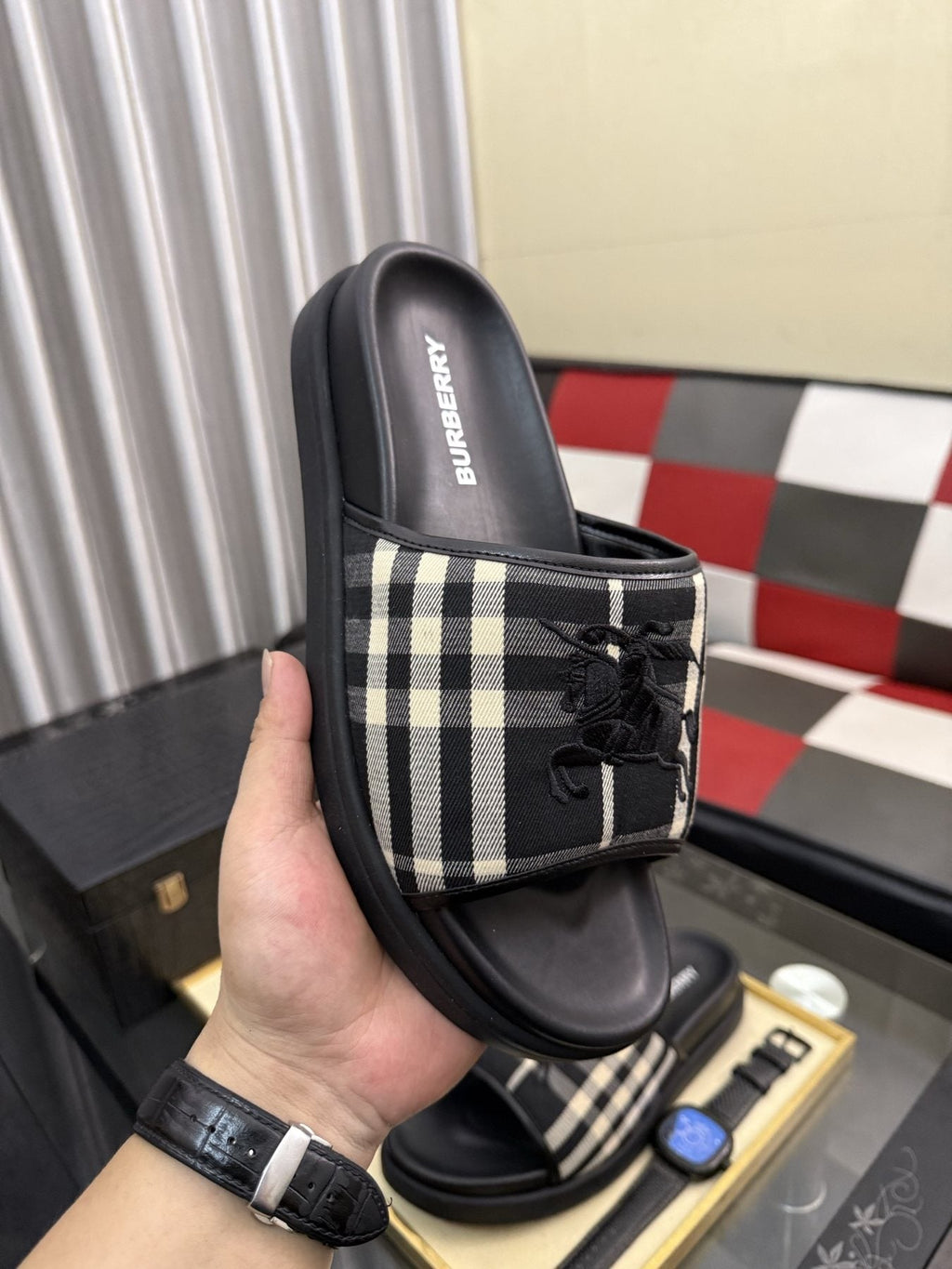 Burberry Plaid Horse Motif Slide Sandals