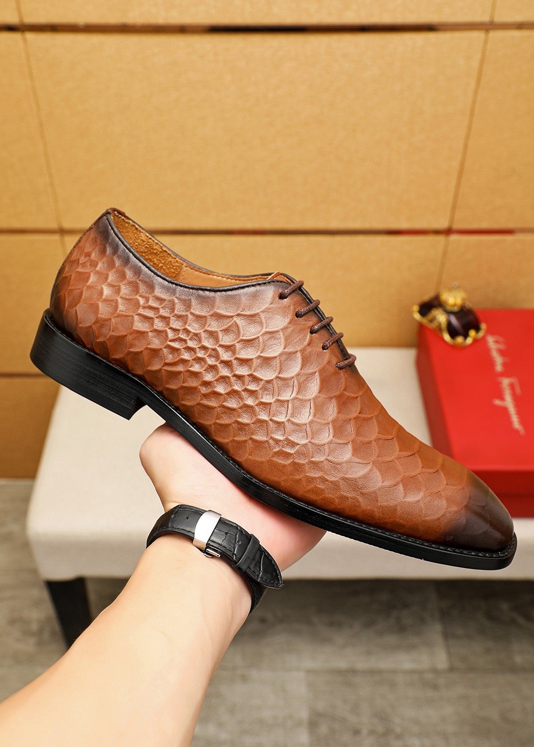 Ferragamo Embossed Lace-Up Dress Shoes